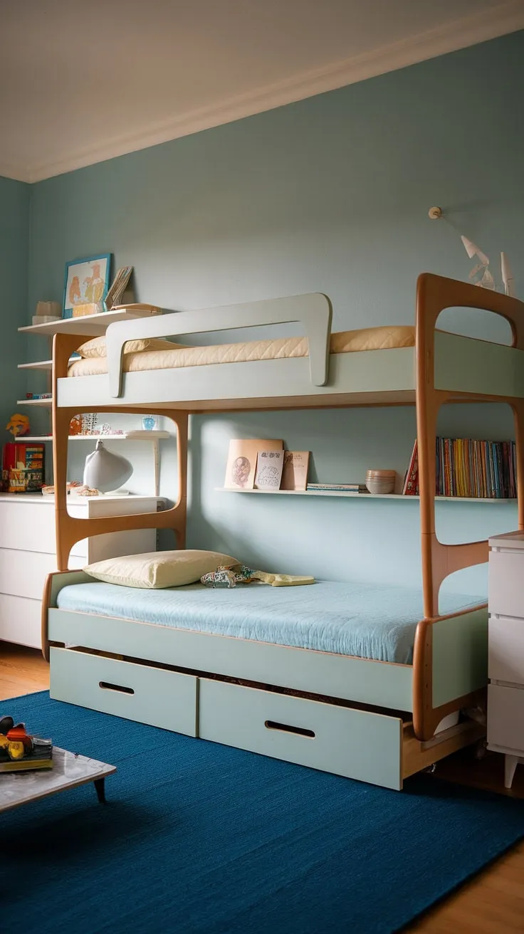 This light-filled mid-century modern bedroom is a haven of childhood dreams. The custom-designed bunk bed, with its integrated drawers, is a testament to thoughtful design, while the soft blue and yellow bedding adds a touch of playful sophistication. The room's calming atmosphere is further enhanced by the carefully chosen color palette and the subtle, soft lighting.