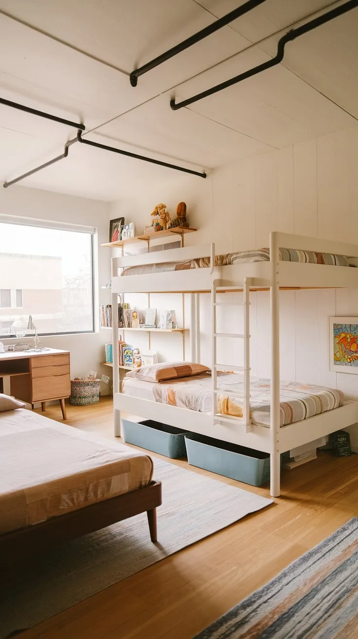 Sunshine streams into this charming mid-century modern kids' room, illuminating the custom-built bunk bed and cozy twin. The playful yet practical design, complete with a dedicated desk area and ample storage, creates a space where learning and dreaming seamlessly blend. A perfect haven for childhood adventures.