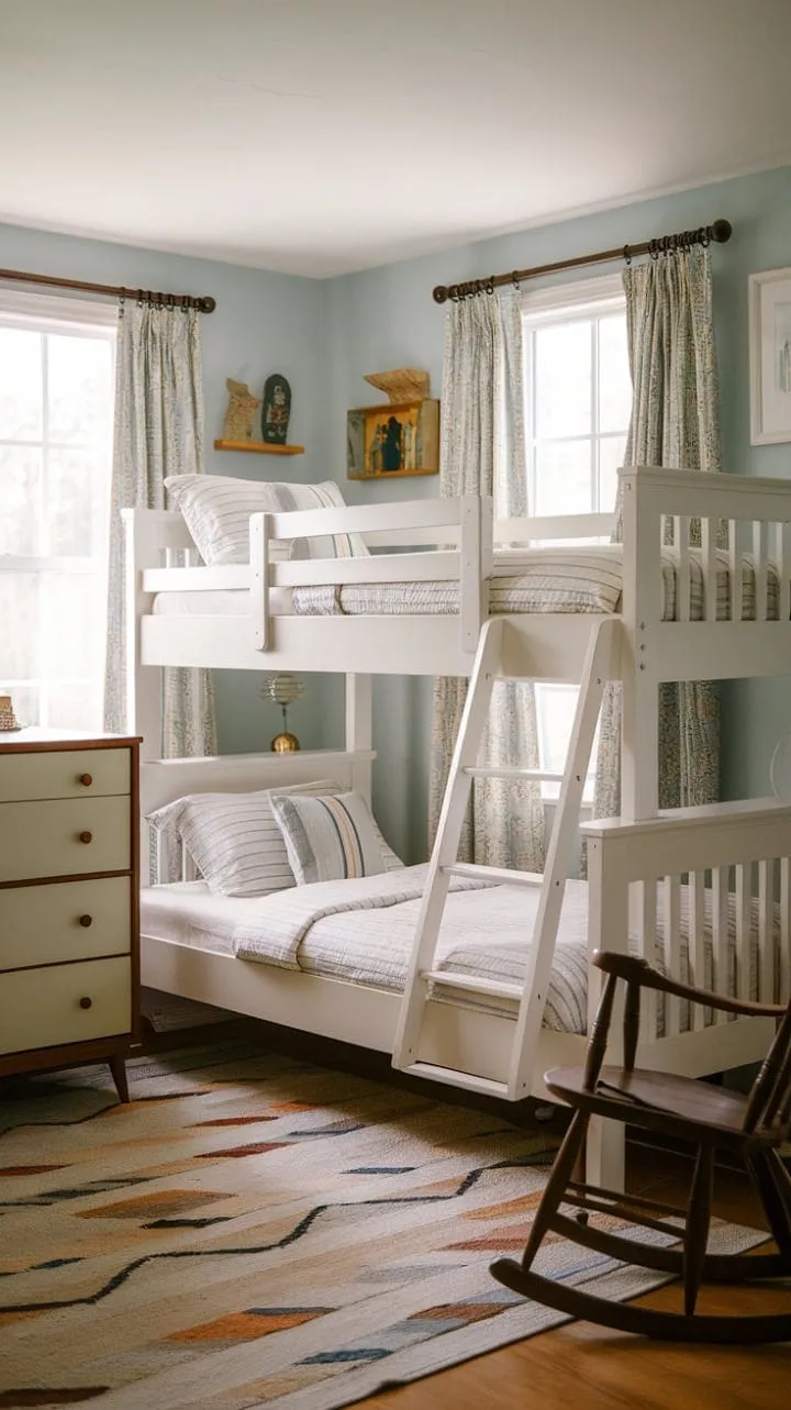 This charming twin bedroom blends pastel hues with mid-century modern design, featuring white bunk beds and vintage accents for a dreamy retreat for kids.