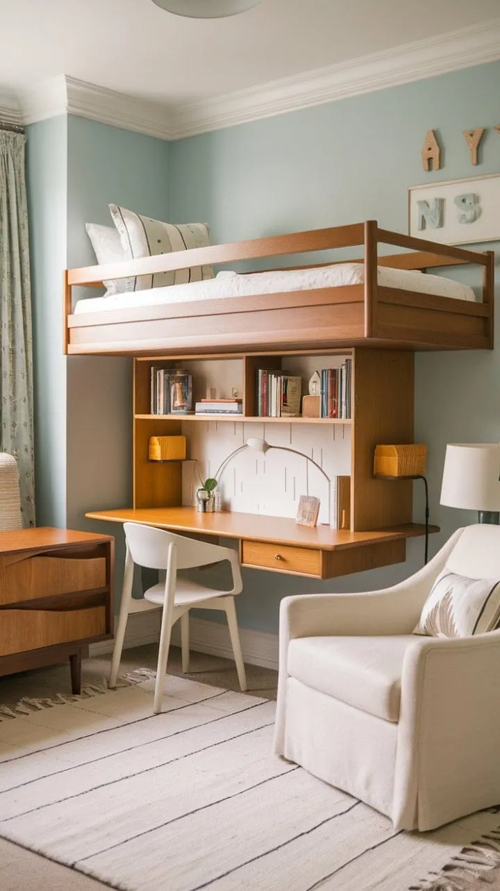 This serene kids' room features a stunning mid-century modern bunk bed that harmonizes with pastel blue walls and white furniture, creating an inviting haven for both play and study.