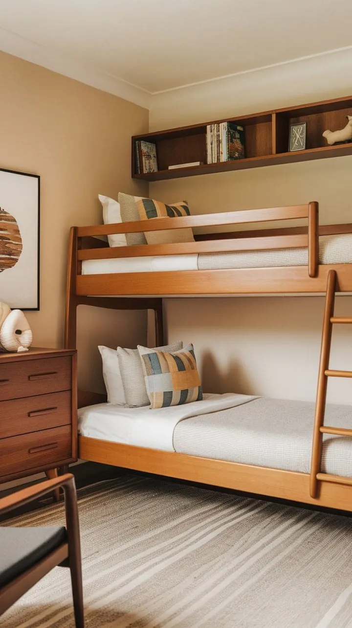 This mid-century modern kids' room, with its warm wood tones and sleek design, transforms childhood dreams into a timeless sanctuary of play and rest.