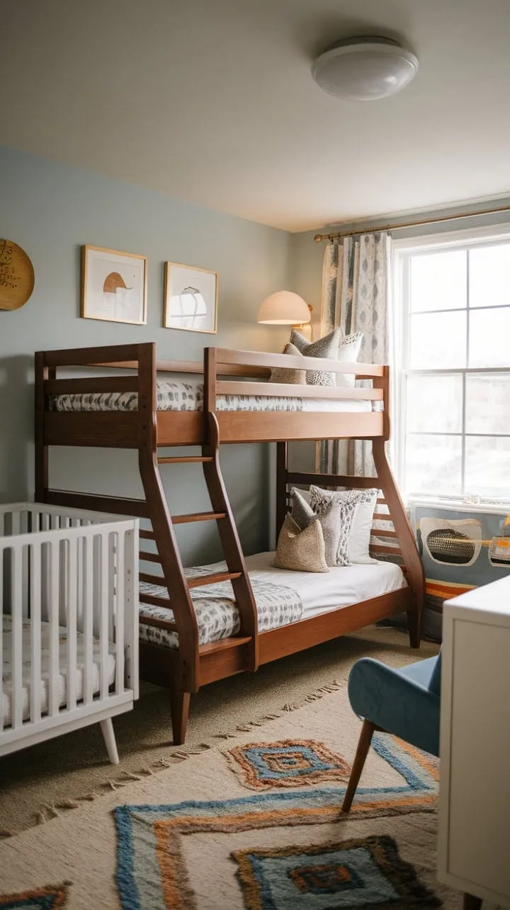 This mid-century inspired nursery, featuring a twin bunk bed and soothing blue hues, is a charming and tranquil retreat for children.