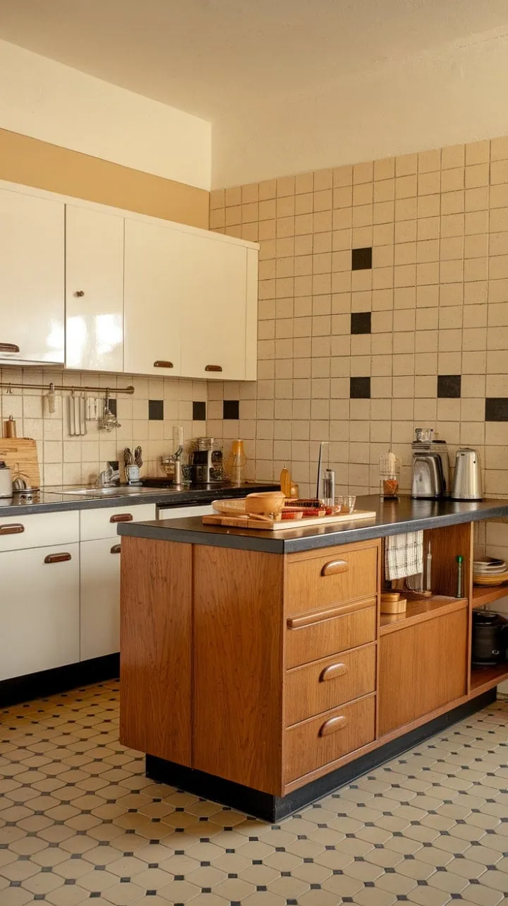 This kitchen harmoniously blends mid-century charm with modern functionality, featuring a striking wooden island and geometric wall that invite culinary creativity and cherished moments.