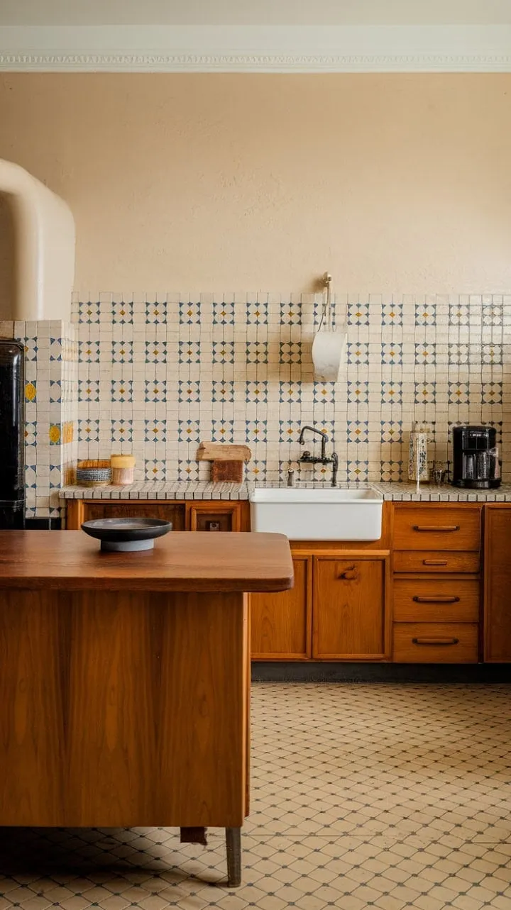 A vibrant mid-century modern kitchen harmoniously fuses warm wood tones and a cheerful tile backsplash, embodying retro charm with timeless functionality.