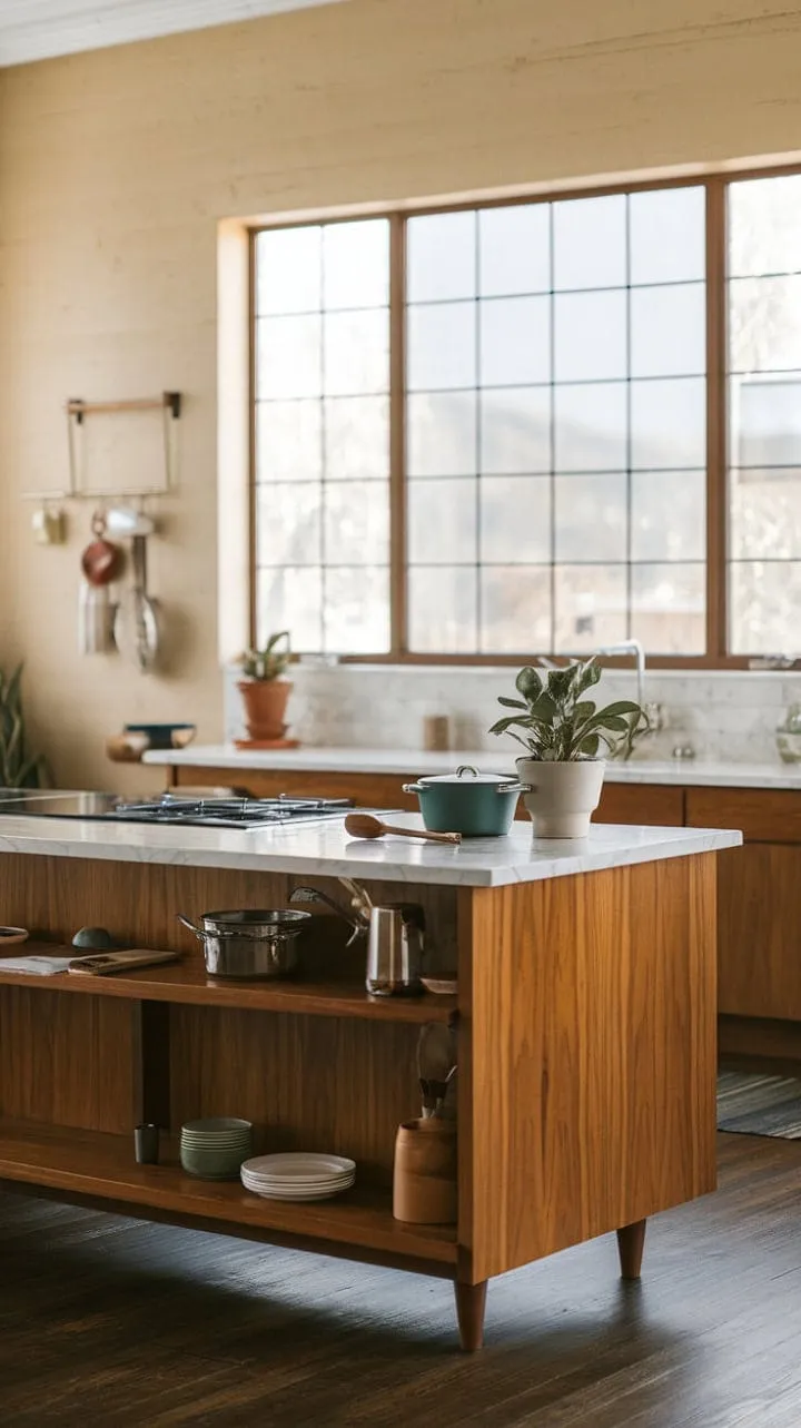 Sunlight dances through the window, highlighting a mid-century modern kitchen where a marble-topped island and thriving plant promise culinary delights in a warm, inviting space.
