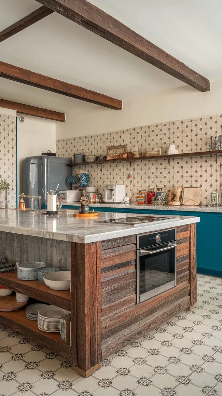 This kitchen harmoniously fuses mid-century modern aesthetics with rustic charm, featuring a striking wooden beam island and elegant marble accents for a stylish yet inviting culinary retreat.