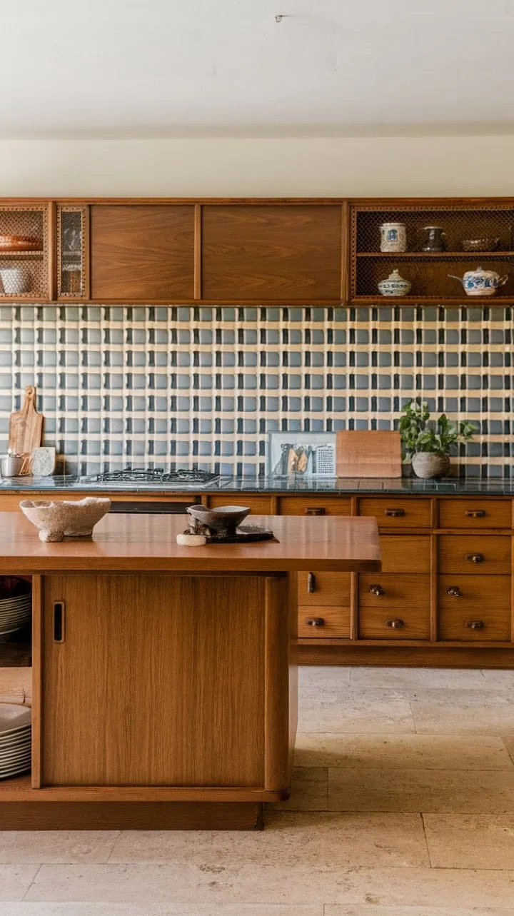 Bathed in sunlight, this charming mid-century kitchen, with its rich wood island and lively accents, embodies the essence of home.