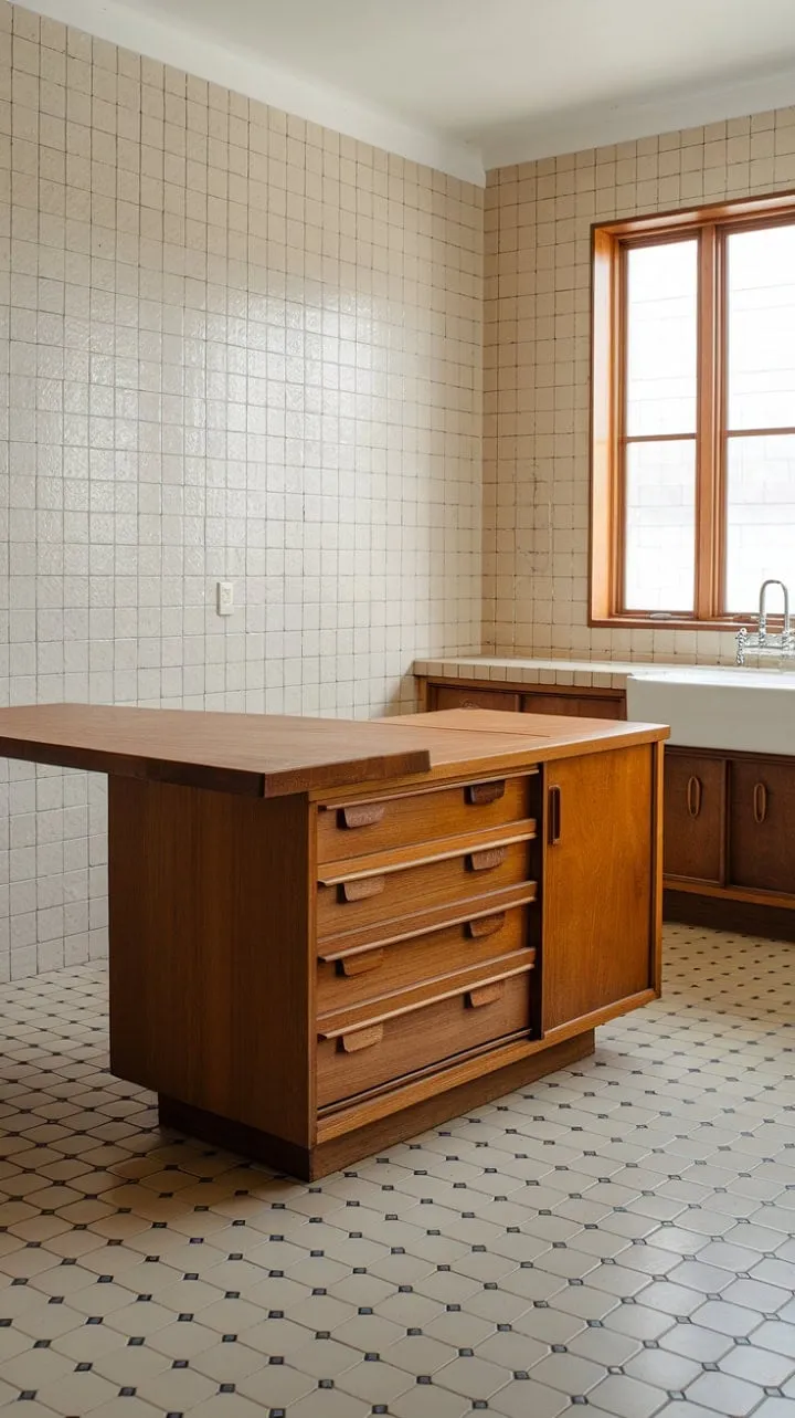 Sunlight bathes the mid-century kitchen in warmth, highlighting its rich textures and creating a serene, inviting ambiance.
