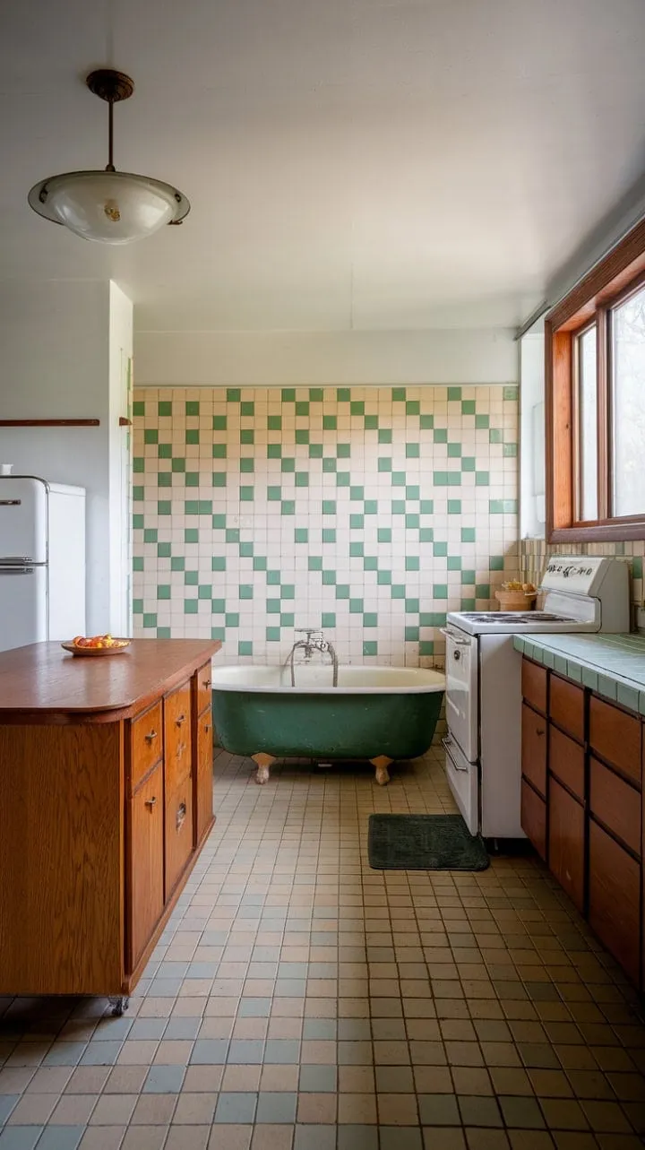 This mid-century haven exudes retro charm with warm wood tones, a sunlit kitchen, and a refreshing green-tiled bathroom, all enhanced by a vintage light fixture that embodies nostalgic elegance.