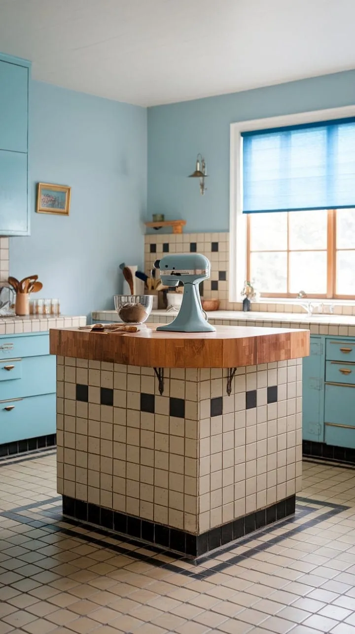 This serene mid-century kitchen, with its pale blue cabinetry and checkered floor, is a charming haven centered around a wooden island ready for culinary creativity.