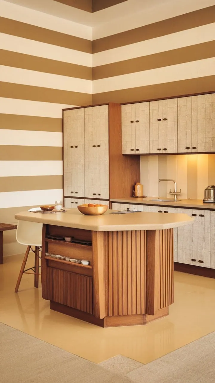 Bathed in warm light, this mid-century modern kitchen exudes understated sophistication with its textured wooden island and harmonious color palette.