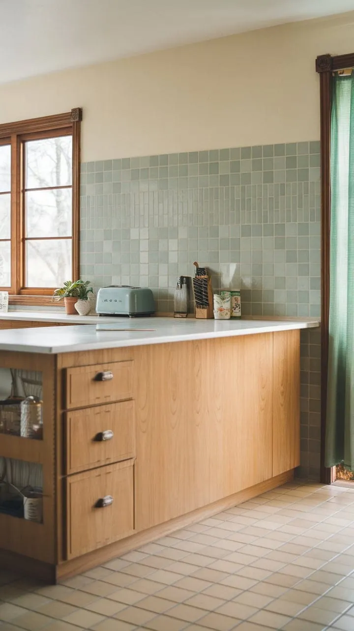 Sunlight dances through a cheerful mid-century modern kitchen, where a light wood island and pristine white countertop embody timeless elegance and the art of understated living.