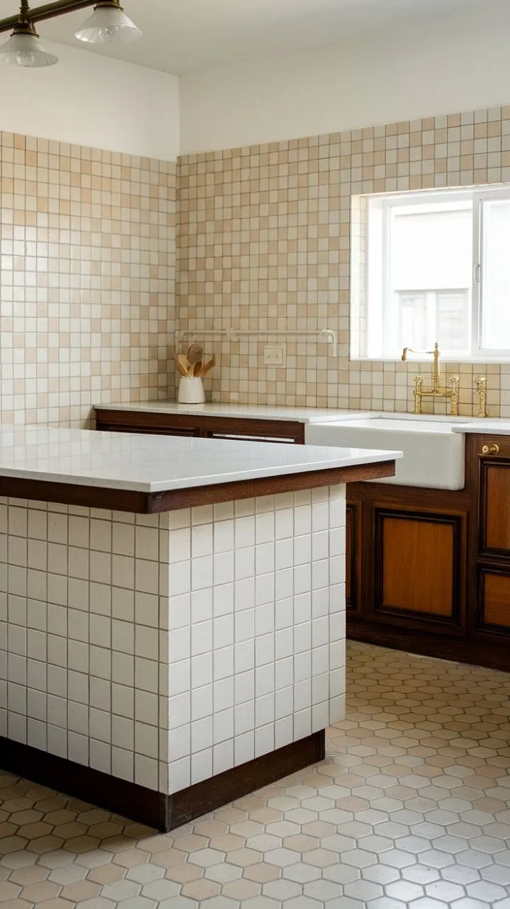 This mid-century modern kitchen harmoniously combines clean lines, warm tones, and playful hexagonal tilework for a sophisticated yet inviting space.