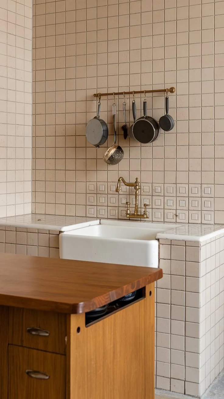 This mid-century kitchen is a testament to enduring style. The checkered tile, wooden island, and thoughtfully placed pot rack create a functional and aesthetically pleasing space. A true example of how classic design never goes out of style.