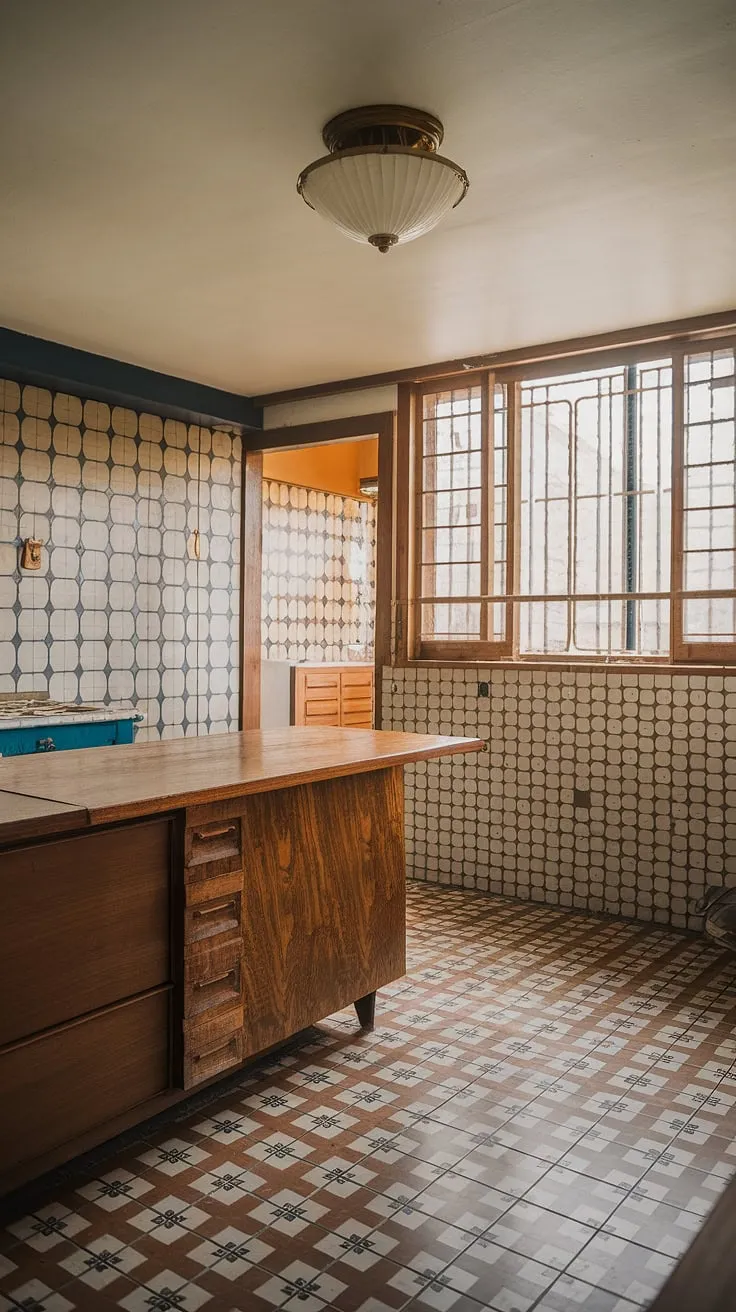 A captivating blend of retro charm and modern functionality. This mid-century marvel boasts a stunning kitchen, complete with a wooden island, and a bathroom showcasing a mesmerizing tile pattern. A perfect example of how classic design elements, like the vintage lighting and window grills, can create a space that's both stylish and inviting. A home filled with history and personality.