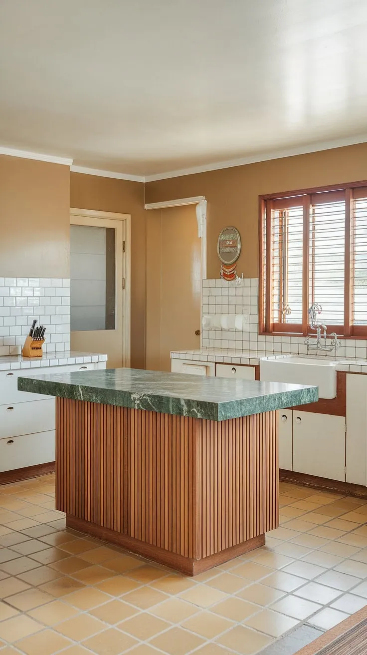 This mid-century kitchen is a haven of understated elegance. The verdant green marble island anchors the space, its luxurious surface a striking contrast to the creamy beige walls and white cabinetry. A perfect blend of form and function, this kitchen is a testament to the enduring appeal of classic design, offering a peaceful retreat where memories are made.