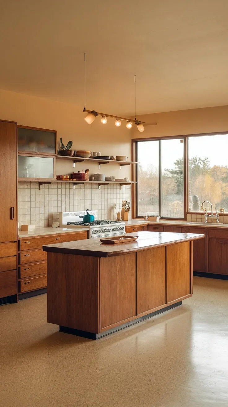 Warm sunlight streams through the window, illuminating the heart of this mid-century modern kitchen. The rich tones of the wooden island, a focal point of the space, perfectly complement the calming beige palette. A sense of timeless elegance pervades every detail.