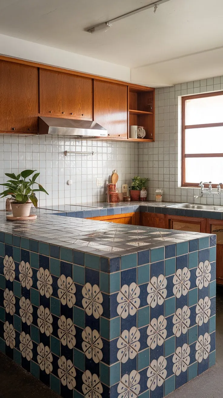 Sunlight streams through the window, illuminating the cheerful blue and white tile island-a stunning centerpiece in this mid-century modern kitchen. The warm wood cabinetry and stainless steel sink complement the vibrant design perfectly, creating a space that's both stylish and functional. A touch of greenery adds to the inviting atmosphere.