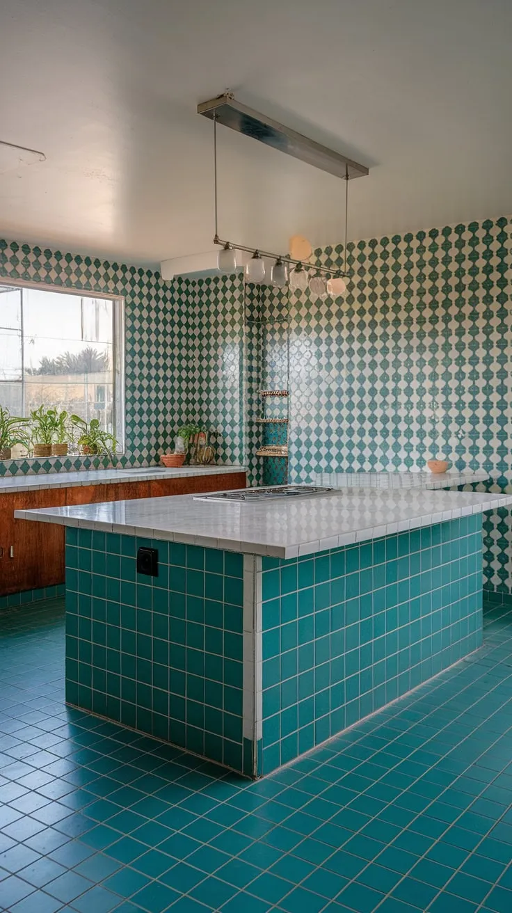 This stunning kitchen seamlessly blends retro style with contemporary functionality. The teal and white color palette, complemented by the expansive island and abundant natural light, creates a space that's both stylish and inviting. A true testament to timeless design.