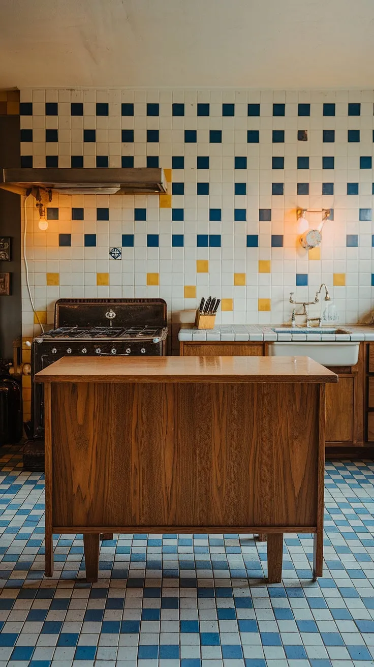 Step back in time to this mid-century modern dream kitchen. The warm lighting, vintage stove, and cheerful blue and white tile-a testament to timeless design-create a space where memories are made. The wooden island, a centerpiece of functionality and style, anchors the room, its patterned tile floor a delightful detail. A perfectly complements this era's aesthetic.