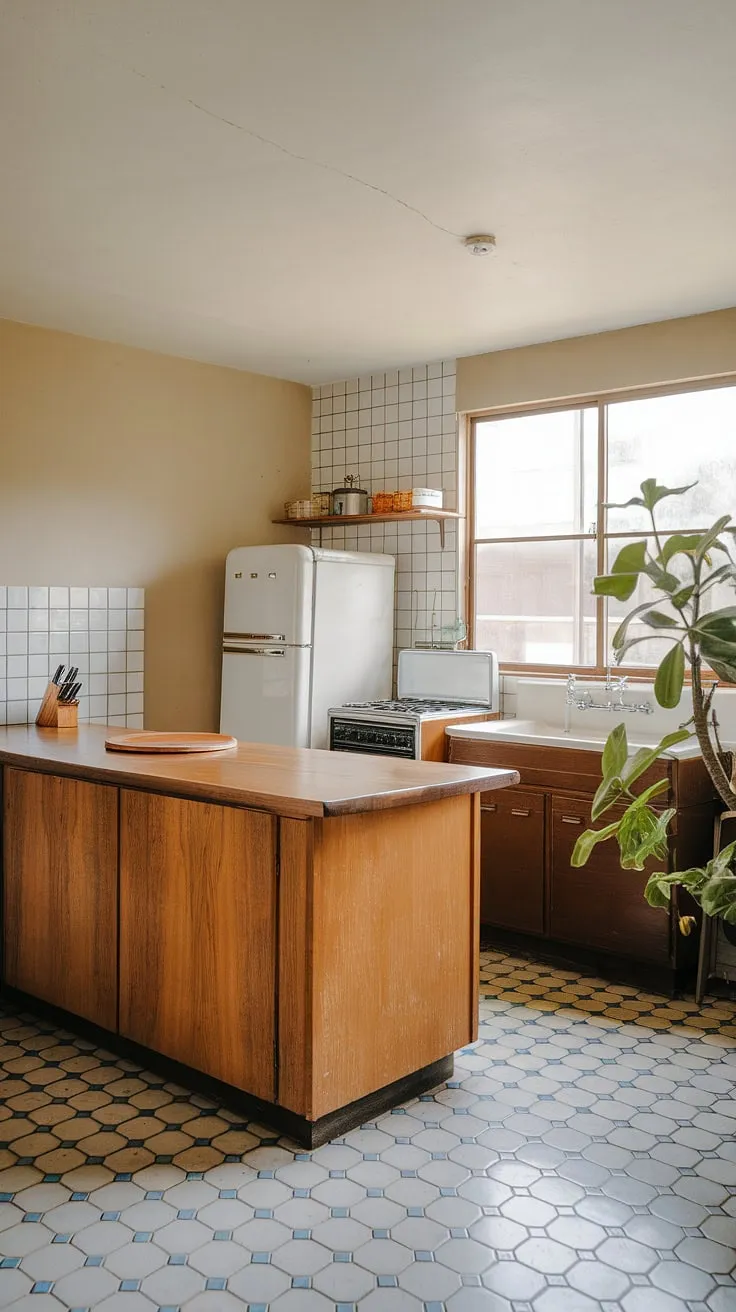 Step back in time with this mid-century modern kitchen, where sleek lines meet timeless charm. The warmth of the wooden island contrasts beautifully with the cool blue and white tiled floor, creating a space that's both stylish and functional. A touch of greenery adds life to this perfectly curated a space.