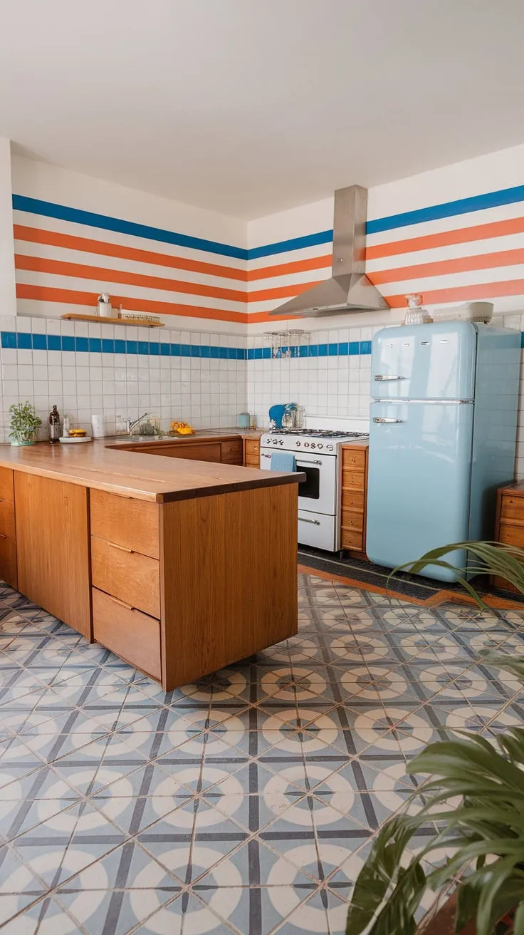 This retro kitchen is a feast for the eyes! The playful color palette, featuring sunny oranges and calming blues, is perfectly balanced by the warm tones of the wooden island and cabinetry. A delightful space where functionality meets unforgettable style.
