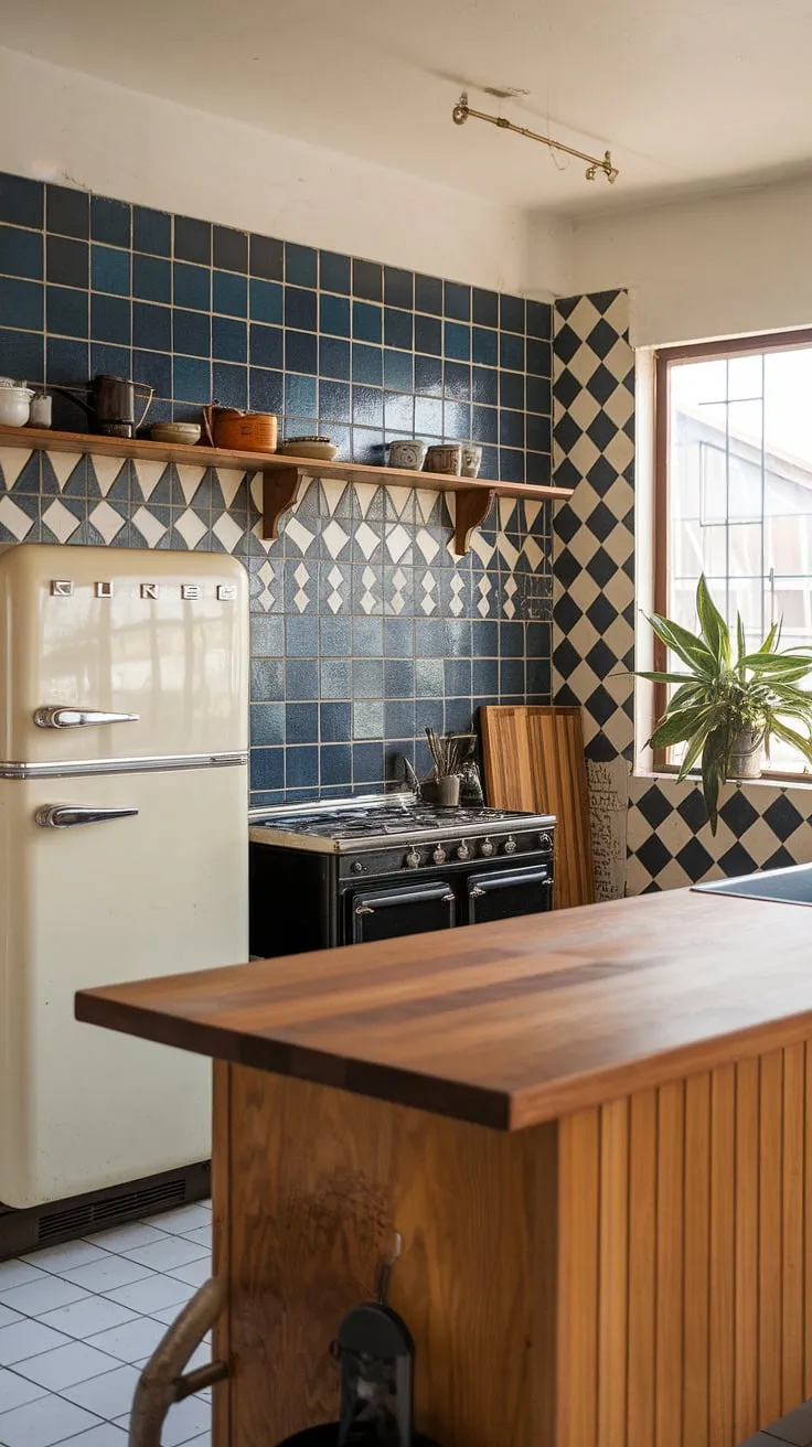 Step back in time with this mid-century dream kitchen. The vibrant blue and white tile backsplash, paired with the warm wood of the island, creates a space that's both stylish and functional. A vintage refrigerator and black stove complete the retro aesthetic, while the window plant adds a touch of nature to this perfectly preserved a time capsule.