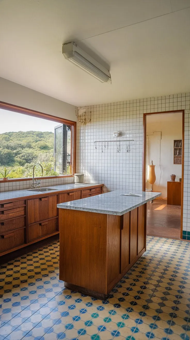 This mid-century kitchen is a testament to timeless design. The cheerful, patterned floor, the elegant marble island, and the warm wood cabinets create a harmonious atmosphere. A view of nature through the window completes this idyllic space, making it the heart of the home.