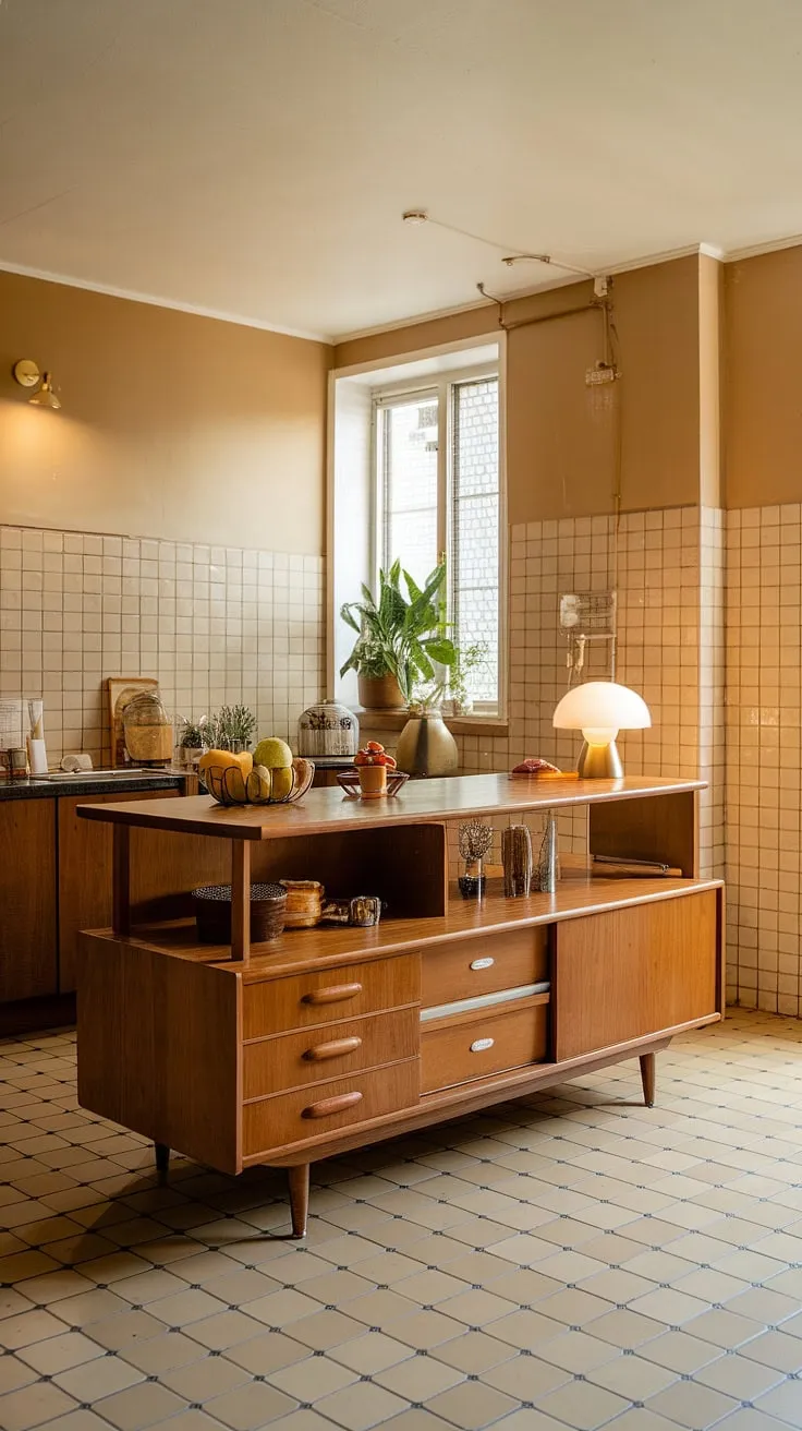 This mid-century kitchen is a study in understated elegance. The warm lighting enhances the natural beauty of the wooden island, where a fruit basket and potted plant sit alongside a charming lamp. The subtle beige and patterned walls complement the black and beige checkered floor, creating a harmonious and inviting atmosphere.