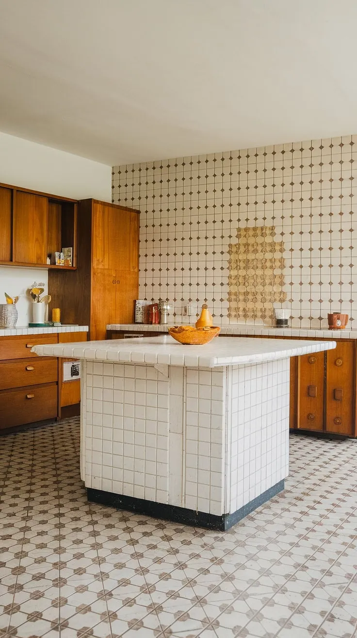 A timeless mid-century kitchen, bathed in natural light. The clean lines of the white island contrast beautifully with the rich wood cabinetry, while the eye-catching tile work on the walls and floor adds a vibrant pop of personality. A space designed for both culinary creativity and effortless entertaining.