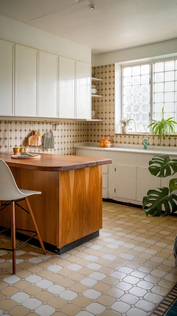 Sunlight streams into this mid-century modern kitchen, illuminating the warm wood of the island and the crisp white cabinets. A simple white chair sits invitingly near the island, perfect for a quiet morning coffee. The geometric tiles underfoot and the lush green plant by the window complete the effortlessly stylish A. ambiance.
