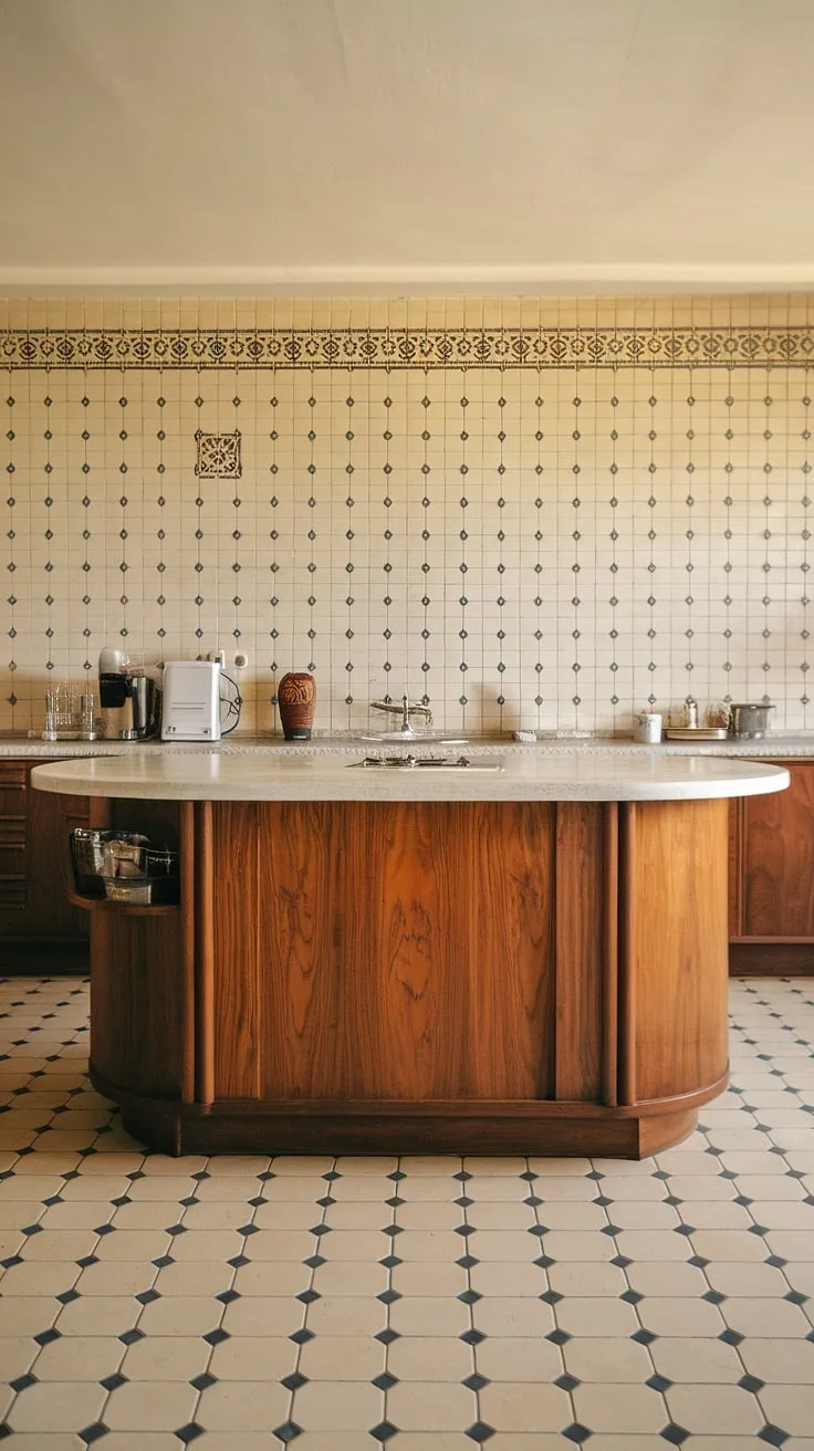 This mid-century modern kitchen is a dream. The rich tones of the wooden island, contrasted by the clean lines of the white countertop and A thoughtfully curated collection of appliances, create a space that's both stylish and incredibly inviting. The patterned tile adds a unique touch.