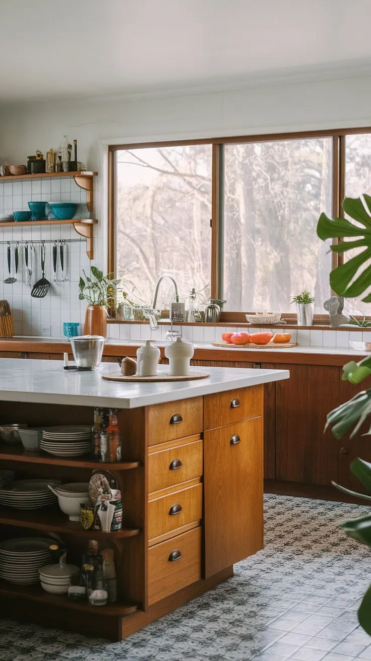 A mid-century modern dream: The wooden island, white countertops, and patterned tile floor create a harmonious blend of textures and colors. A touch of greenery near the window completes this inviting and functional kitchen space. A perfect example of classic style.