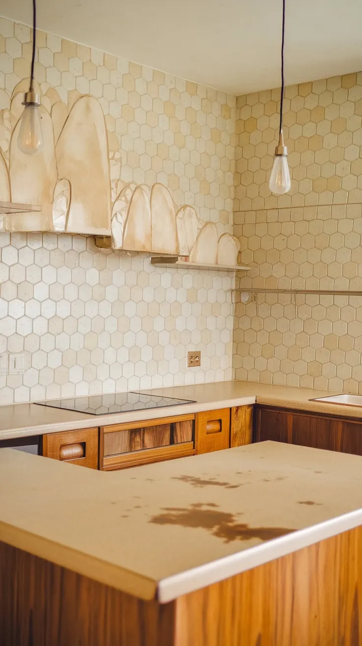 Sunlight dances across the creamy beige countertops and hexagonal tiles, illuminating the heart of this mid-century modern kitchen. A simple wooden island anchors the space, its warm tones complementing the understated elegance of the design. A perfect blend of functionality and timeless appeal.