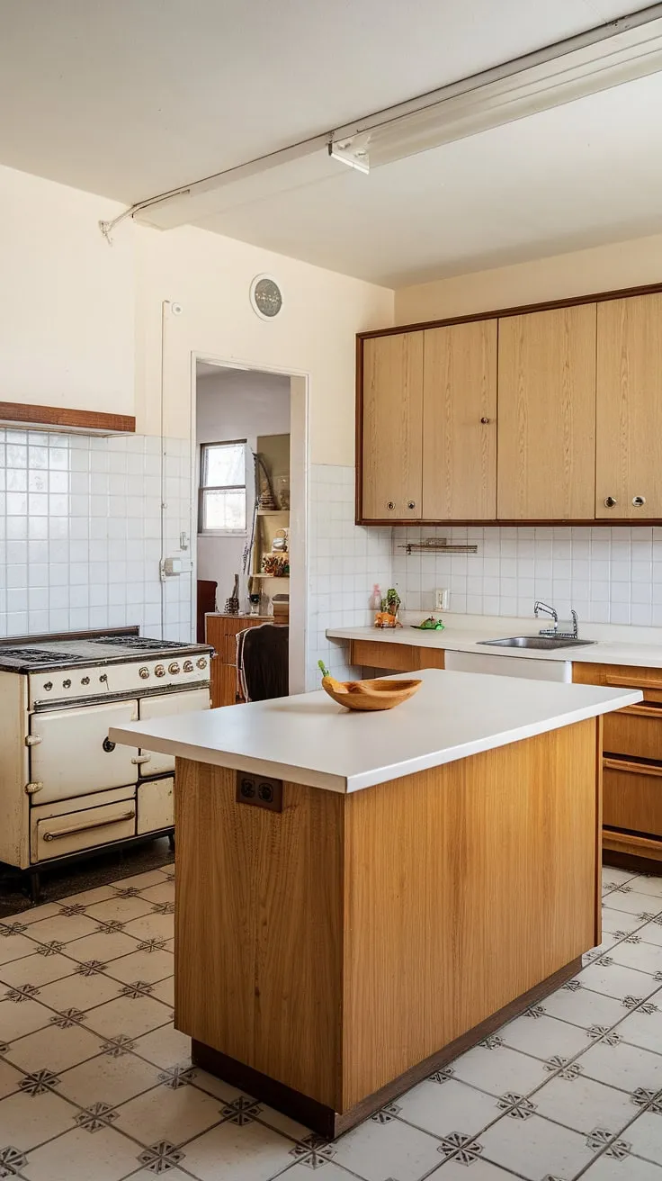 Step back in time to this dreamy mid-century modern kitchen. The warm wood tones of the island and cabinetry, paired with the crisp white countertops, create a timeless elegance. A vintage stove adds to the charm, while the patterned floor tiles and doorway to another room hint at the home's rich history. A perfect blend of functionality and style.