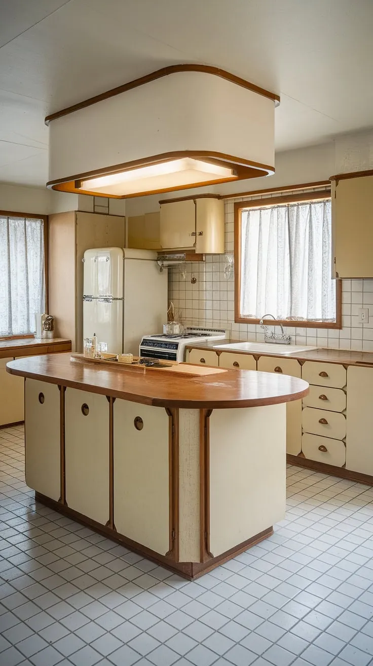 This mid-century kitchen is a masterpiece of design. The gentle curves of the beige cabinets, the spacious island with its rich wooden countertop, and the bright, airy feel created by the window and light fixture all contribute to a space that is both beautiful and incredibly functional. A perfect blend of form and function.