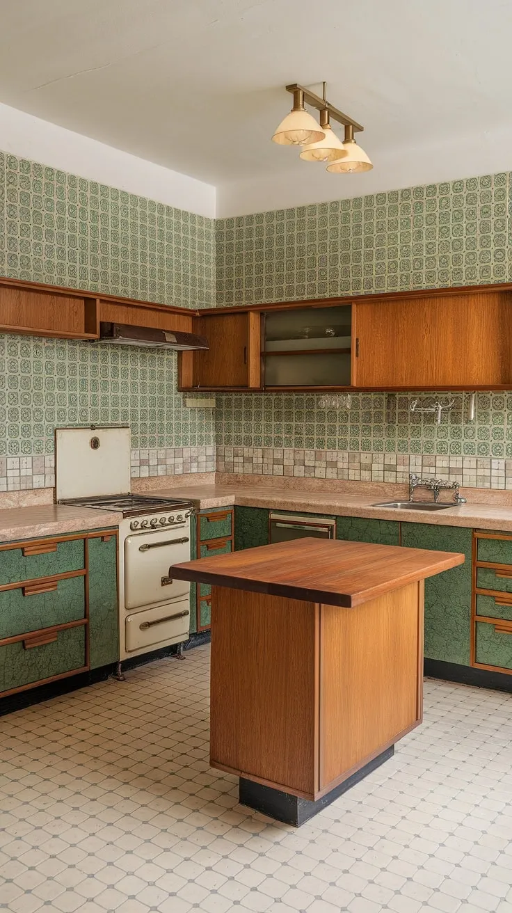 Step back in time to this dreamy mid-century kitchen, where the green and white patterned tiles, warm wood cabinetry, and beige marble countertops create a space that's both stylish and functional. The vintage stove and unique lighting fixtures add to the charm, making this kitchen a true testament to timeless design. A perfect blend of retro and refined.