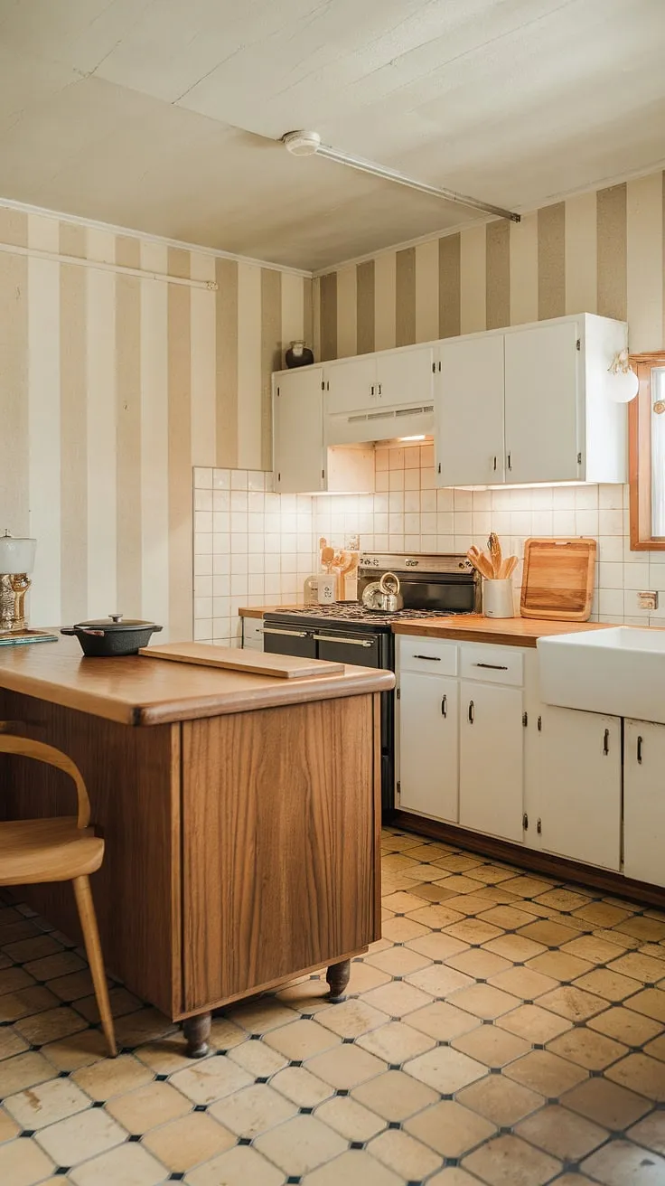 This retro kitchen is a feast for the eyes. The combination of white cabinets, a wooden island, and a black and beige checkered floor creates a timeless and stylish space. The warm lighting accentuates the textures and details, from the cast iron cookware to the simple wooden cutting board. It's a kitchen designed for both functionality and charm; a place where memories are made and meals are savored.