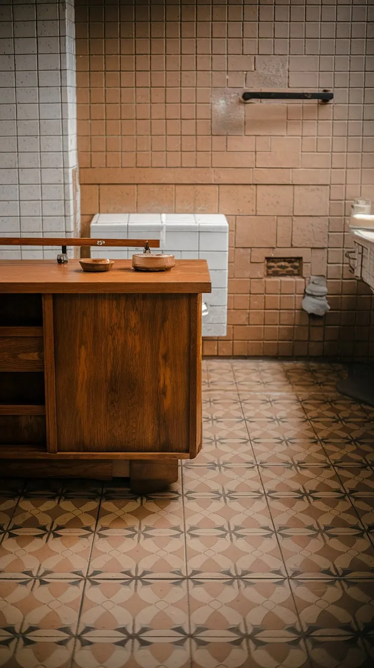 Warmth radiates from this mid-century home, where the earthy tones of the wooden kitchen island and patterned tile floors create a cohesive and inviting atmosphere. The same exquisite tile work continues into the bathroom, showcasing a thoughtful design continuity that elevates the entire space. A testament to timeless style and meticulous craftsmanship.
