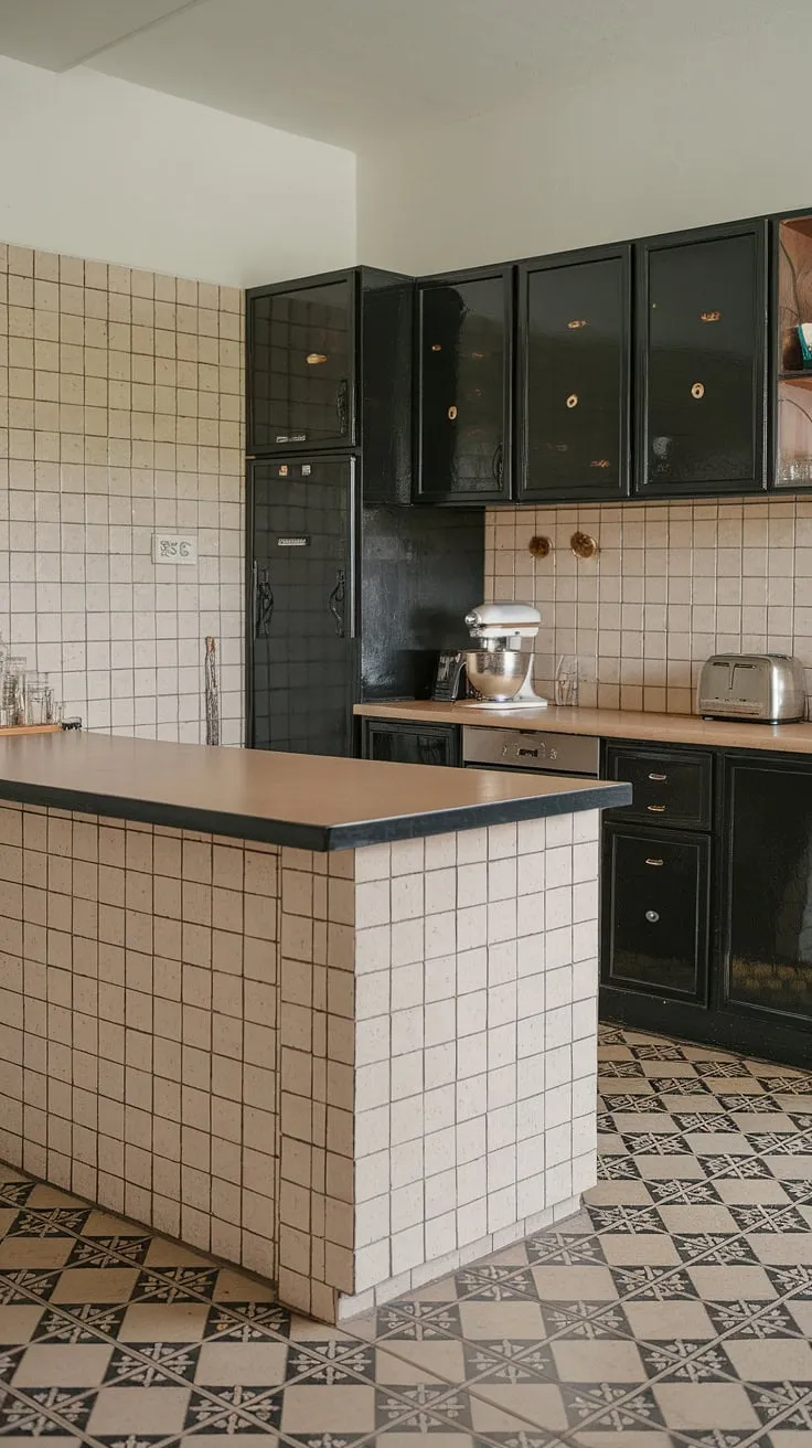 Step back in time with this stunning mid-century modern kitchen. The black and beige checkered island is a showstopper, perfectly complemented by the sleek black cabinetry and beige countertops. A symphony of textures and patterns creates a space that's both stylish and functional. The vintage appliances add to the charm, making this kitchen a true testament to timeless design.