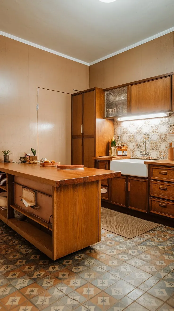 Sun-drenched mornings and mid-century charm meet in this kitchen. The warm beige tones of the cabinetry and walls are beautifully complemented by the vibrant, patterned tile floor and the rich wood of the island, creating a space that's both functional and aesthetically pleasing. A cozy rug under the sink adds a touch of unexpected warmth.