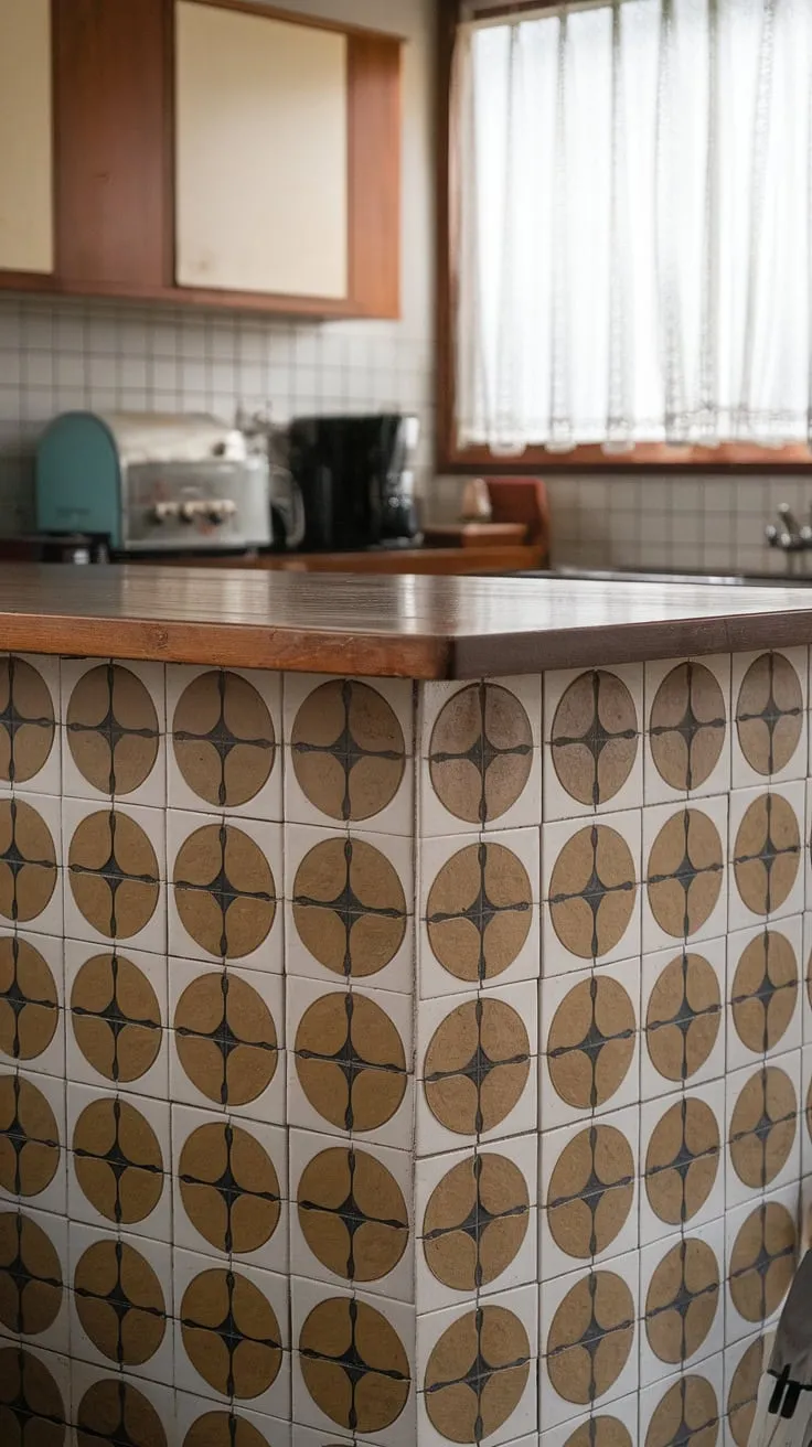 A captivating kitchen island, showcasing a mesmerizing circular tile pattern, is the heart of this mid-century modern space. A beautiful example of how classic design elements can create a warm and inviting atmosphere. The attention to detail is truly remarkable.
