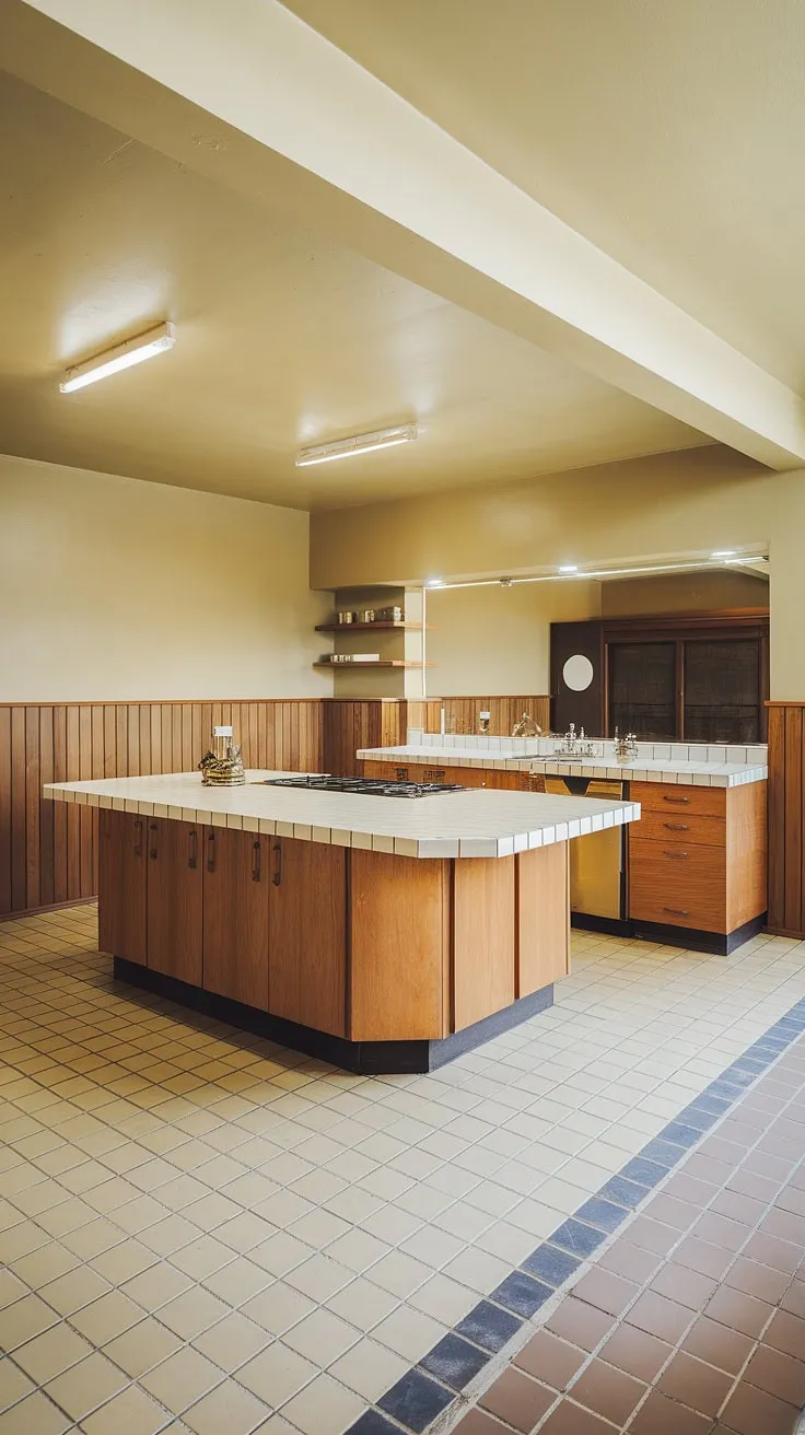 Sun-drenched mornings and mid-century modern dreams. This kitchen's design, with its spacious island and warm wood paneling, is the epitome of timeless elegance. The ample counter space and thoughtful details make it the perfect place to create culinary masterpieces. A true testament to classic design.