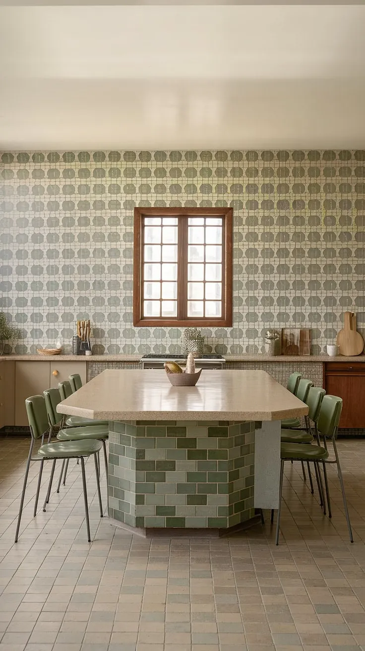 A timeless mid-century kitchen, brimming with character. The large island, a central hub for culinary creations and casual gatherings, boasts a beautiful beige countertop and is surrounded by vibrant green chairs. The eye-catching green, beige, and white patterned tile backsplash adds a touch of retro charm, while the warm natural light streaming in through the window creates A truly inviting atmosphere.