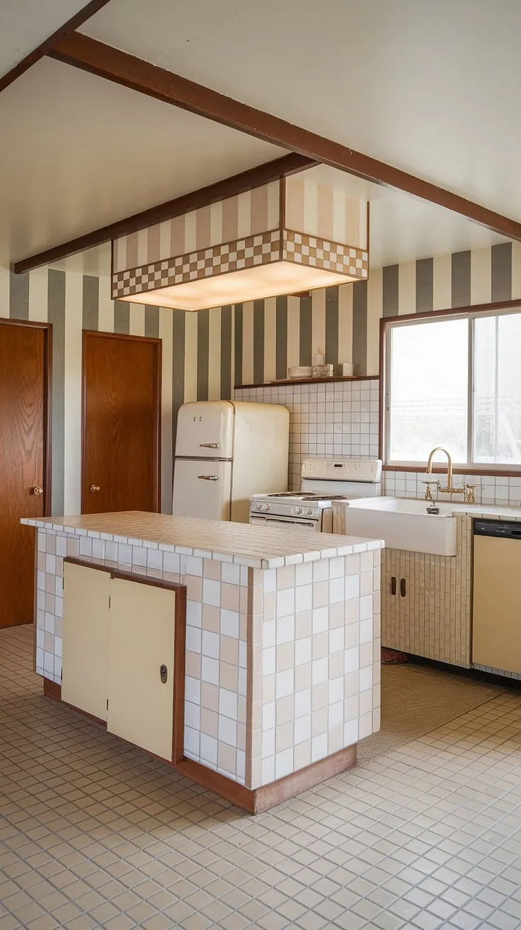Step back in time to this charming mid-century kitchen, where classic design meets modern functionality. The checkered island, striped walls, and beige accents create a warm and inviting atmosphere, a testament to the enduring appeal of this era's aesthetic. A perfect blend of form and function, this space effortlessly combines practicality with timeless style.