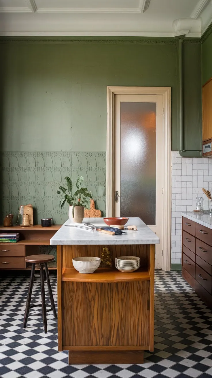 Step back in time to this mid-century dream kitchen. The green walls, black and white checkered floor, and wooden island with its marble countertop create a space that's both stylish and functional. A simple plant, bowl, and knife hint at the everyday life lived within these charming walls. The frosted glass door adds a touch of mystery, while the overall aesthetic is one of calm sophistication. A perfectly preserved example of retro design.
