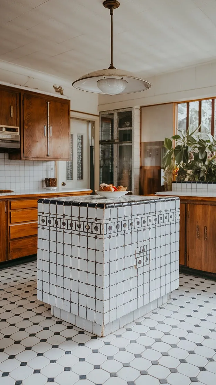 This retro kitchen is pure inspiration. The navy and white checkerboard tile island is a showstopper, perfectly balanced by the classic white countertops and wooden cabinets. A space where functionality meets unforgettable style.