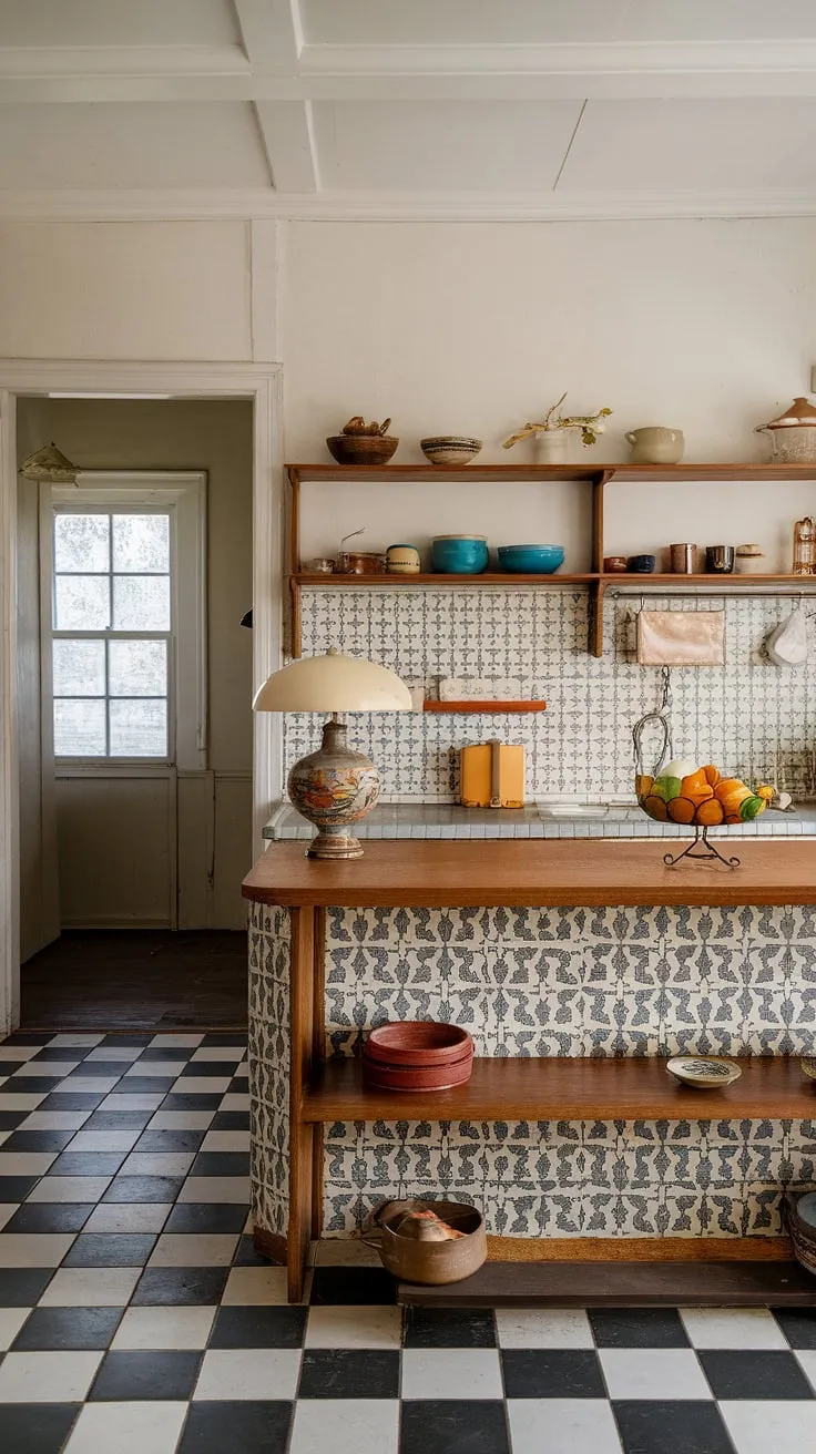 Step back in time to this charming mid-century kitchen, where a black and white checkered floor adds a touch of retro flair. The warm wood tones of the island, accented by a vintage lamp and a bountiful fruit basket, create a cozy and inviting atmosphere. A patterned tile backsplash and wooden shelves brimming with vintage kitchenware complete this perfectly preserved slice of history. This space effortlessly blends functionality with undeniable style.