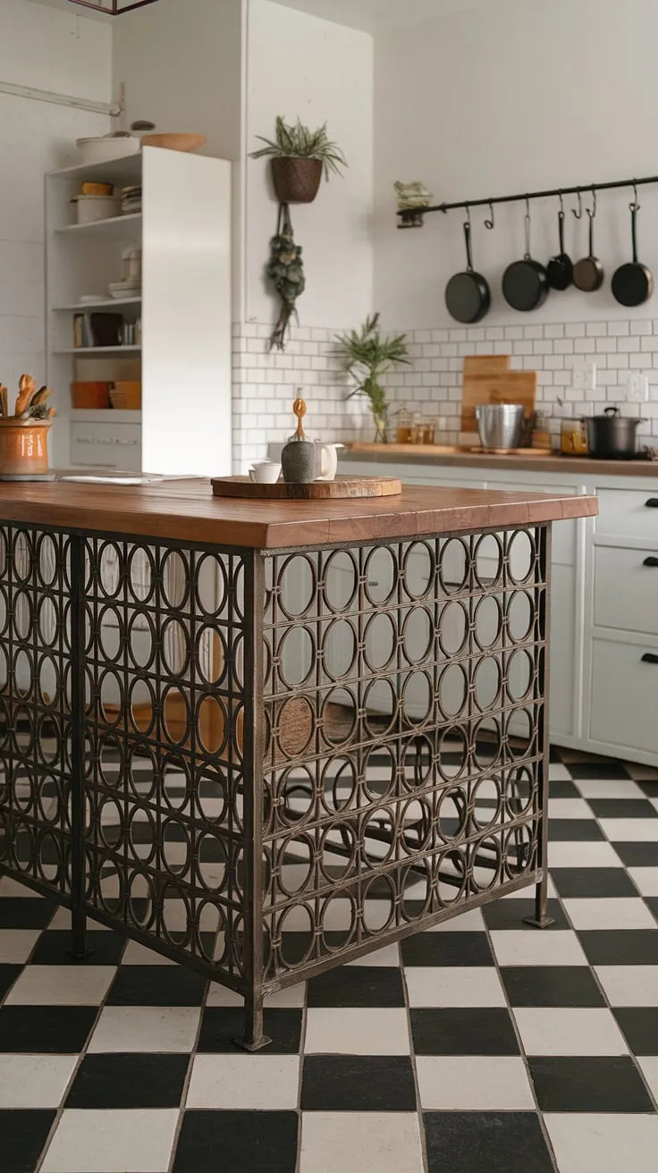 This mid-century modern kitchen's focal point is undoubtedly the unique island, its wooden countertop a warm contrast to the sleek metal frame. The circular pattern adds a touch of playful sophistication, perfectly complementing the black and white checkered floor. A testament to thoughtful design, every detail, from the hanging planter to the carefully chosen cookware, contributes to the overall aesthetic.
