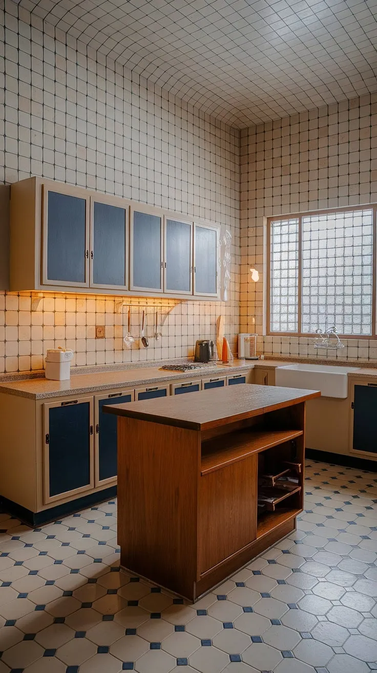 Step back in time with this mid-century modern kitchen. The geometric tilework, a harmonious blend of beige and dark blue, creates a captivating backdrop for the warm wood island and subtly patterned window, showcasing a unique design sensibility. The carefully curated details, from the cabinetry to the appliances, tell a story of thoughtful design and enduring style. A true testament to the era's appreciation for clean lines and functional beauty.